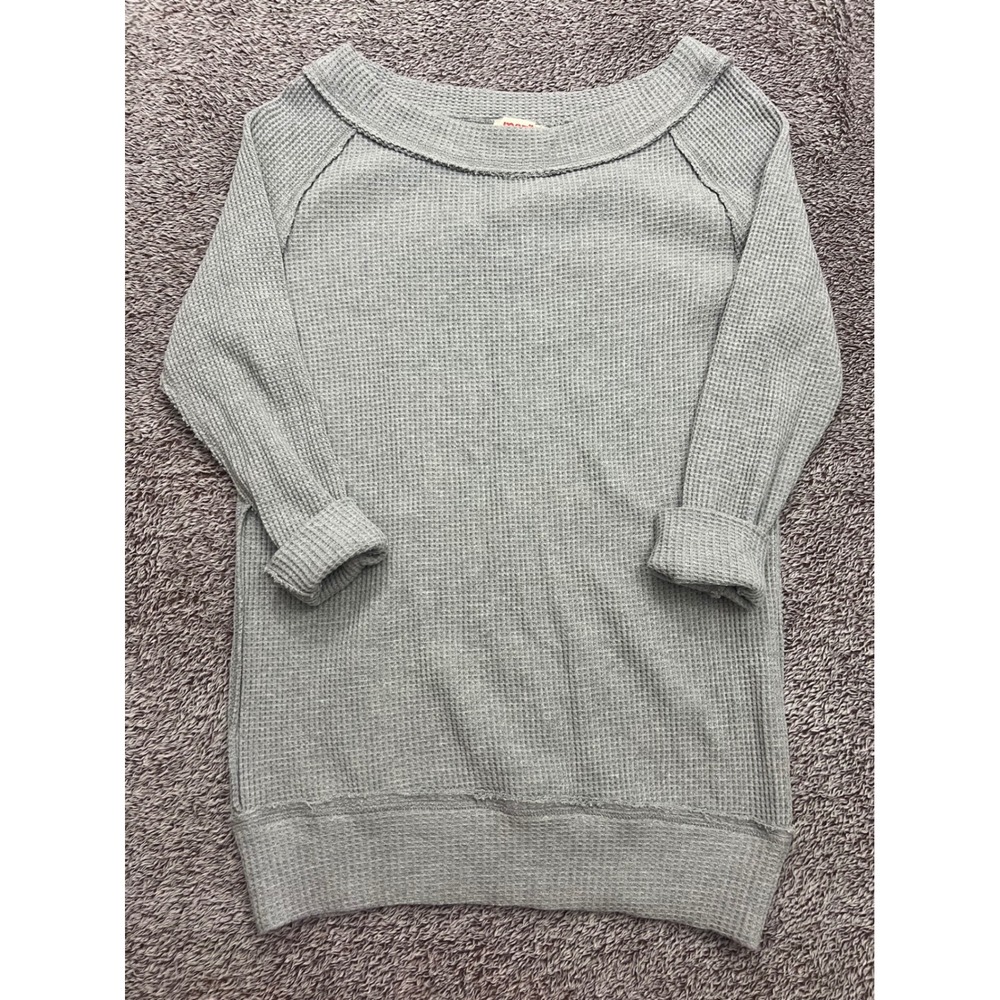 Mazik Women's Small Gray Waffle Knit Off Shoulder Top 100% Cotton Slouchy